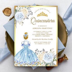 Pastel Blue Floral Dress Princess Gold Quinceanera
