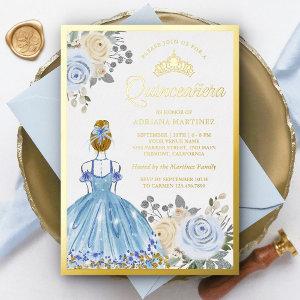 Pastel Blue Floral Dress Princess Quinceanera Gold Foil