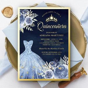 Pastel Blue Floral Gown Navy Quinceanera Gold Foil