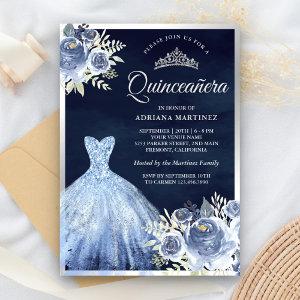 Pastel Blue Floral Gown Navy Silver Quinceanera