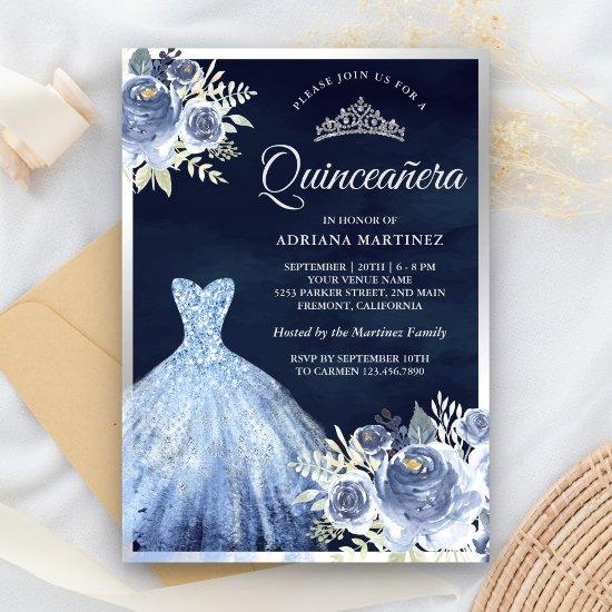 Pastel Blue Floral Gown Navy Silver Quinceanera