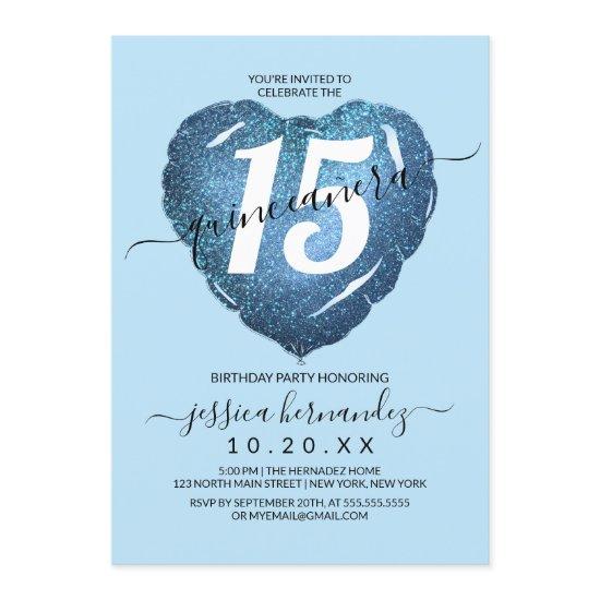Pastel Blue Glitter Heart Balloon Quinceañera