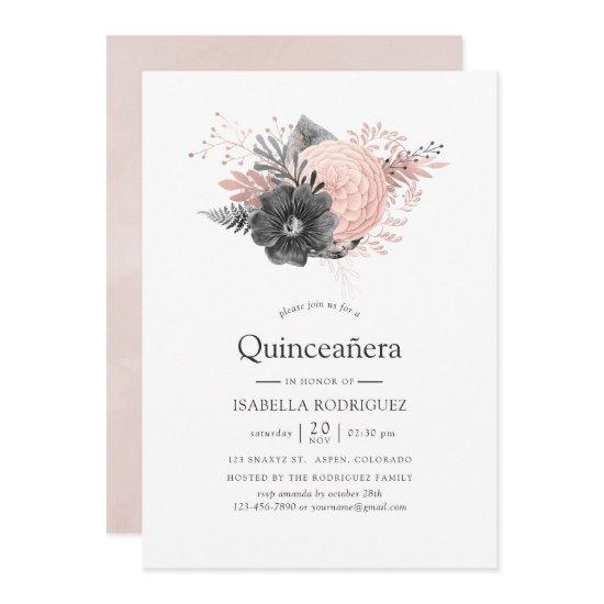Pastel Blush Pink and Charcoal Floral Quinceañera