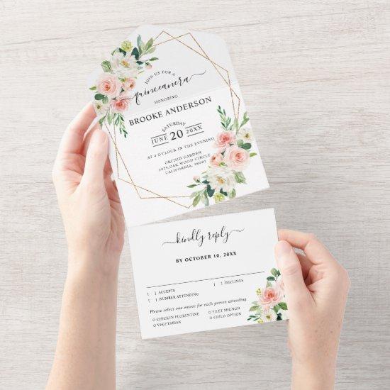 Pastel Blush Pretty Pink Botanical  Quinceanera All In One