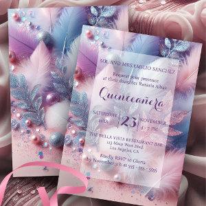 Pastel Feathers Pearls Glitter Leaves Quinceañera