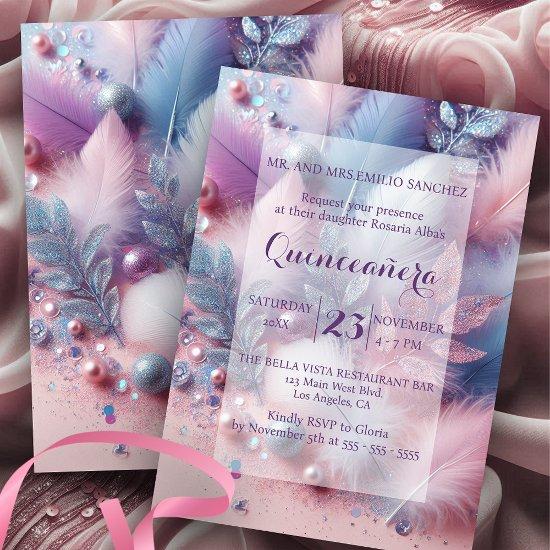 Pastel Feathers Pearls Glitter Leaves Quinceañera