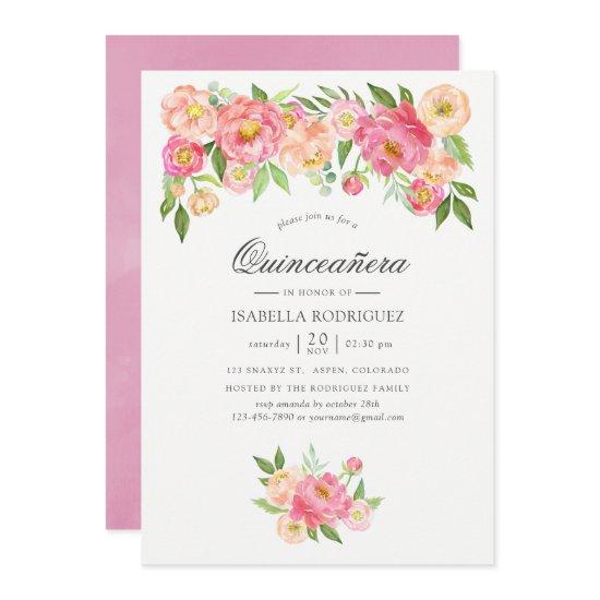 Pastel Pink Watercolor Peonies Quinceañera