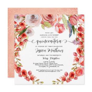 Peach Coral Floral and Glitter Quinceañera
