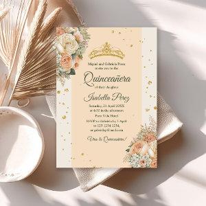 Peach Cream Floral and Gold Tiara Quinceanera