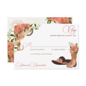 Peach Floral Country Western Charro Quinceanera RSVP Card