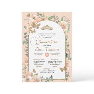 Peach Floral Gold Butterfly Watercolor Quinceañera