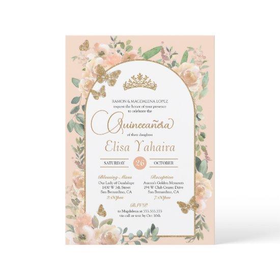 Peach Floral Gold Butterfly Watercolor Quinceañera