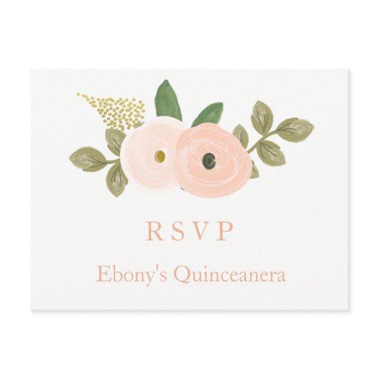 Peach Floral Watercolor Quinceanera RSVP Postcard
