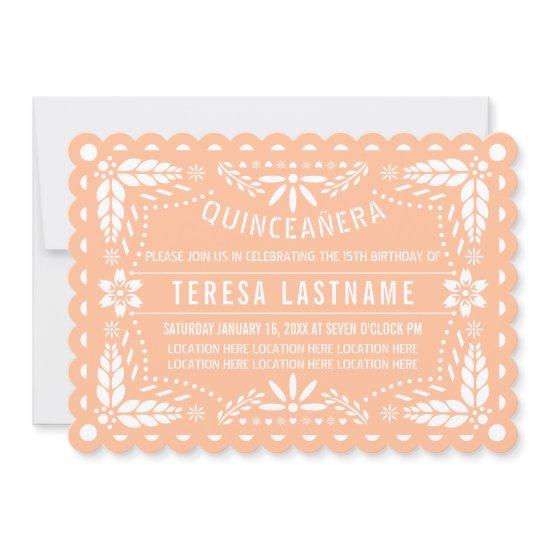 Peach fuzz and white papel picado Quinceañera