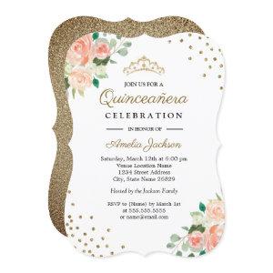 Peach Gold Floral Confetti Quinceanera