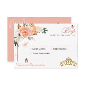 Peach Gold Roses Elegant Gold Tiara Quinceanera RSVP Card
