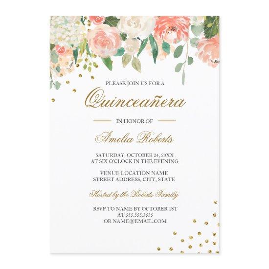 Peach Gold Watercolor Floral Quinceanera