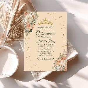 Peach Peonies and Glitter Tiara Quinceanera
