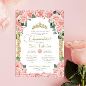 Peach Pink Rose Floral Gold Elegant Quinceanera