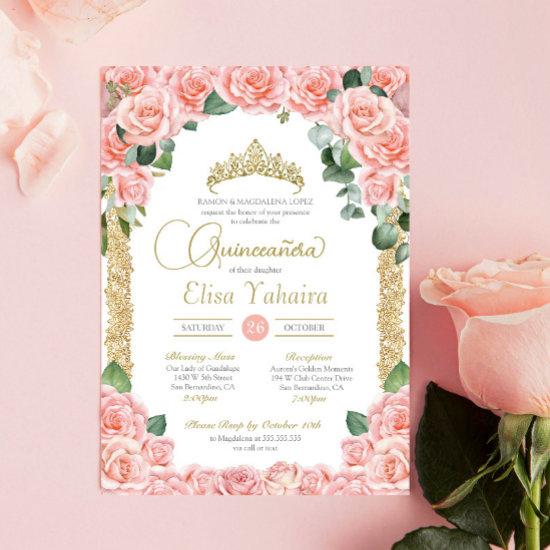 Peach Pink Rose Floral Gold Elegant Quinceanera
