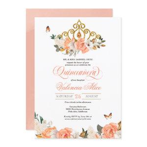 Peach Roses Gold Tiara Butterfly Elegant Quince