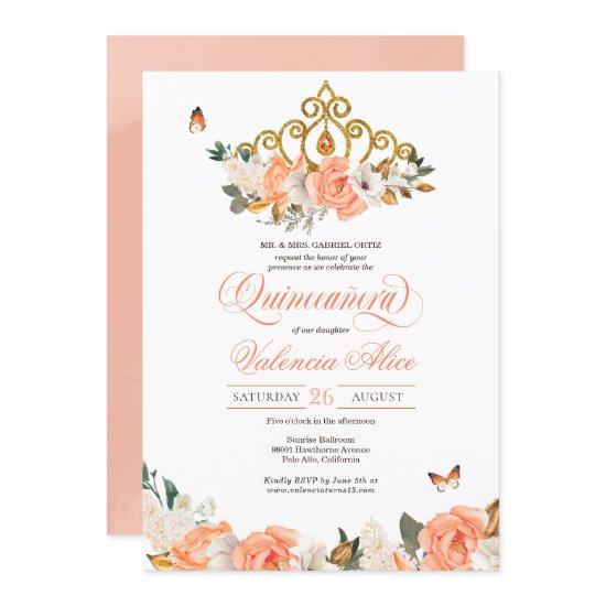 Peach Roses Gold Tiara Butterfly Elegant Quince