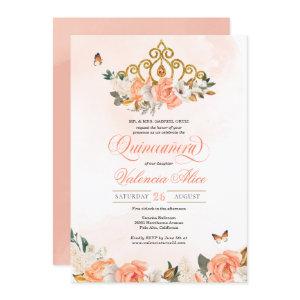 Peach Roses Gold Tiara Butterfly Quinceanera