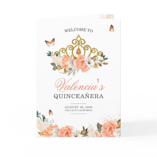 Peach Roses Gold Tiara Butterfly Quinceanera Program