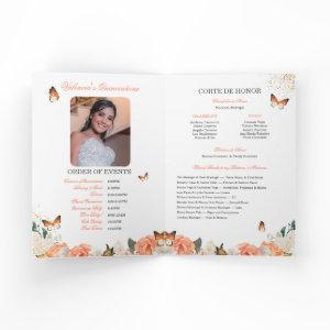 Peach Roses Gold Tiara Butterfly Quinceanera Program
