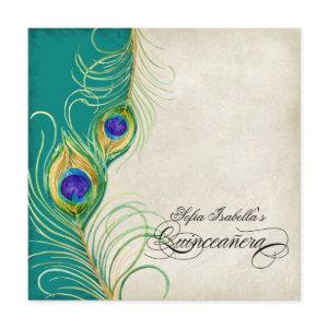 Peacock Feather Teal Blue Damask Quinceanera Party