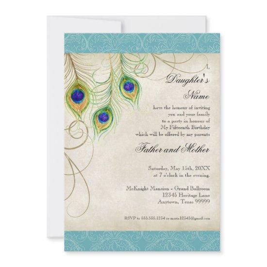 Peacock Feathers Aqua Damask Quinceanera Party