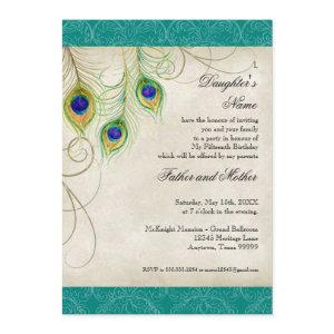 Peacock Feathers Aqua Damask Quinceanera Party