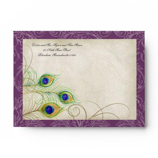 Peacock Feathers Deep Purple Wedding  Envelope
