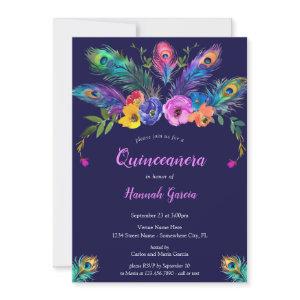 Peacock Feathers & Flowers Purple Quinceañera