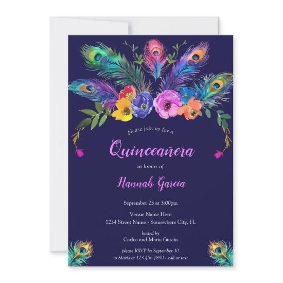 Peacock Feathers & Flowers Purple Quinceañera