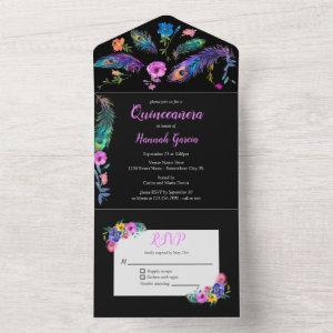 Peacock Feathers & Flowers Quinceañera Black All In One