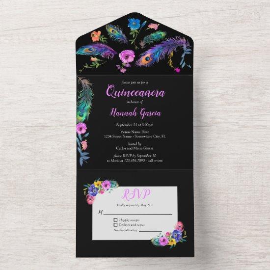 Peacock Feathers & Flowers Quinceañera Black All In One