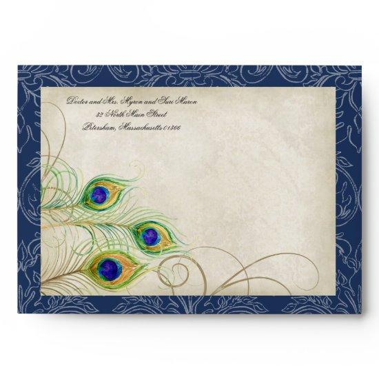 Peacock Feathers Navy Blue Wedding  5x7 Envelope