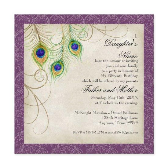 Peacock Feathers Purple Damask Quinceanera Party