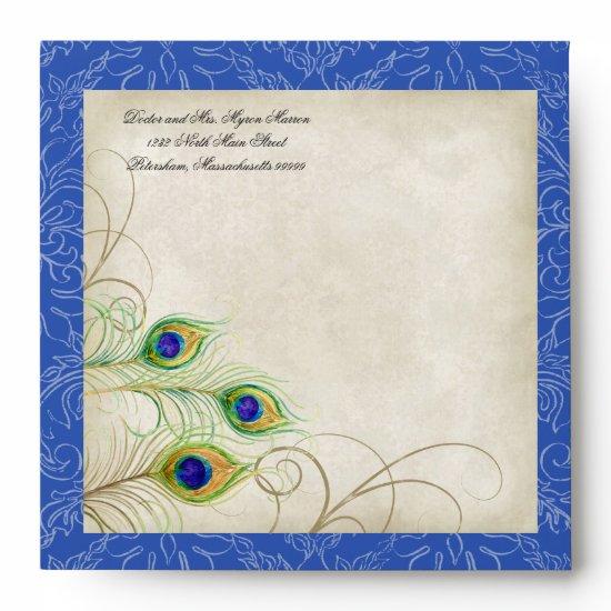 Peacock Feathers Royal Blue Quinceanera Invites Envelope