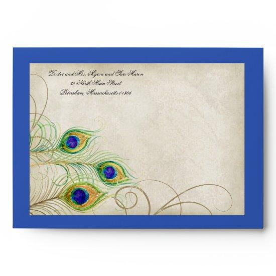 Peacock Feathers Royal Blue Wedding  5x7 Envelope