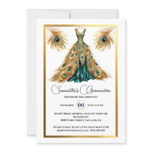 Peacock theme Quinceañera ball gown gold green