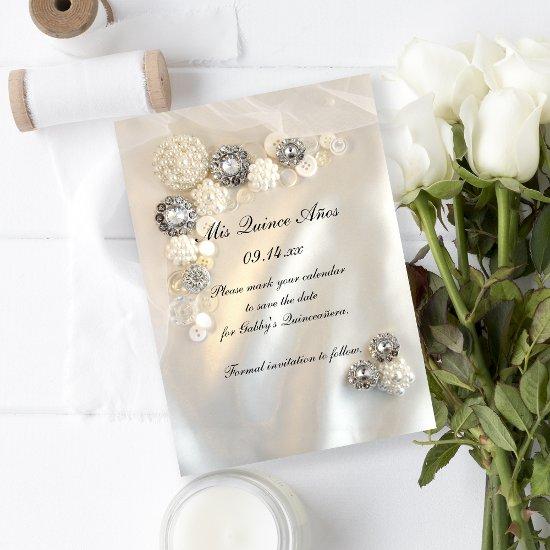 Pearl Diamond Buttons Quinceañera Save the Date