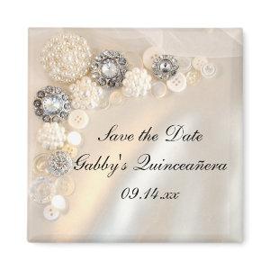 Pearl Diamond Buttons Quinceañera Save the Date Magnet