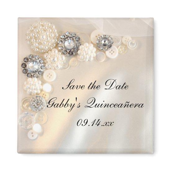 Pearl Diamond Buttons Quinceañera Save the Date Magnet