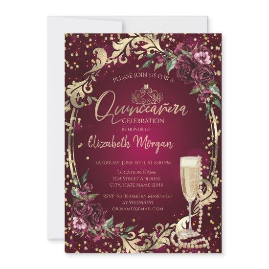 Pearls Prosecco Diamond Burgundy Roses Quinceañera