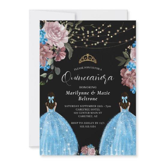 Periwinkle Blue Princess Floral Twins Quinceañera