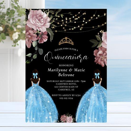 Periwinkle Blue Princess Floral Twins Quinceañera