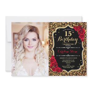 Photo 15th Birthday Party Red Gold Leopard Print