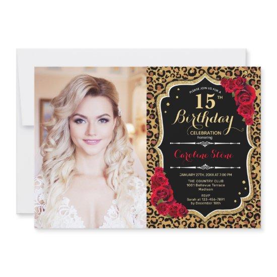 Photo 15th Birthday Party Red Gold Leopard Print